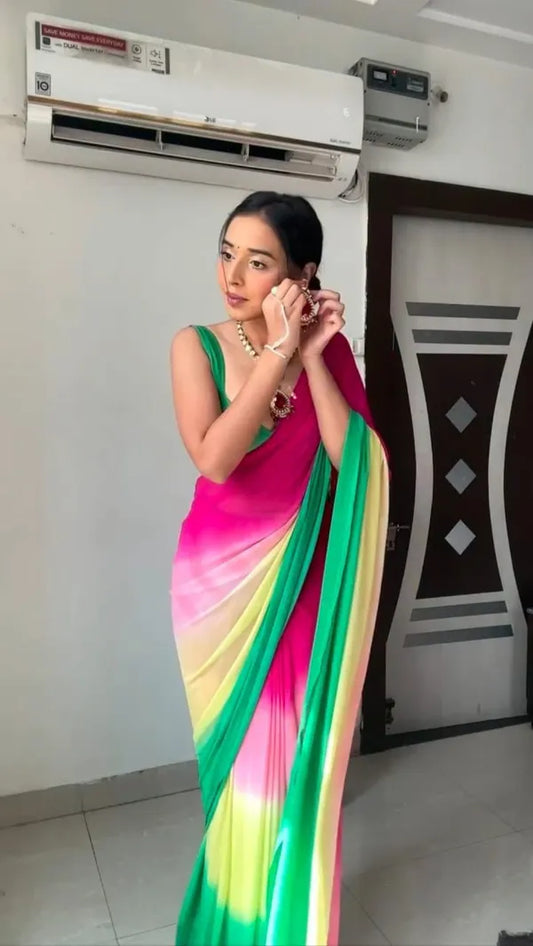 1 min Alia Bhatt Soft Georgette Pink Yellow Green Shade Saree Ready to Wear