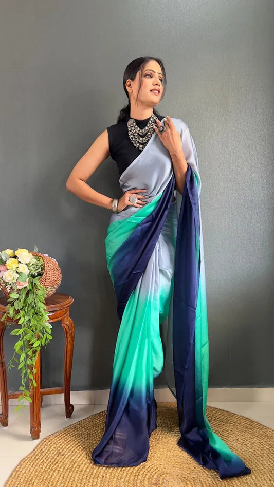 1 min Soft Georgette Blue Grey Shade Saree Ready to Wear