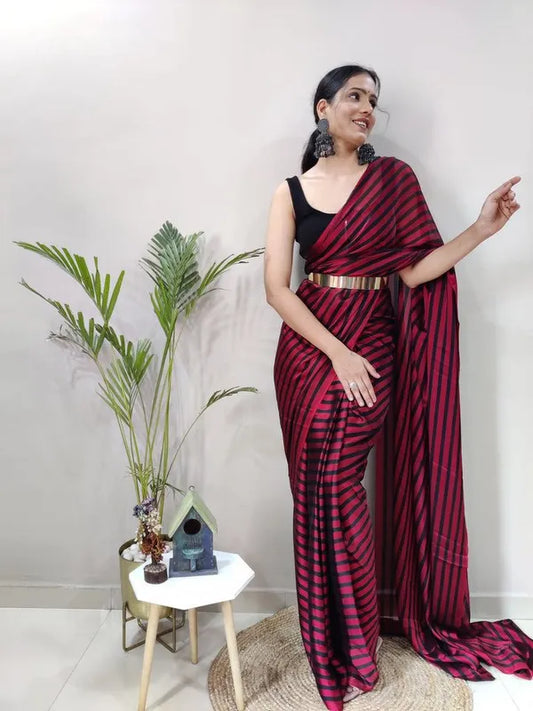 1 min Soft Georgette Red Black Lining Saree Ready to Wear